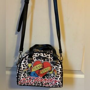 Ed Hardy mini satchel bag leopard print “Eternal Love" heart design